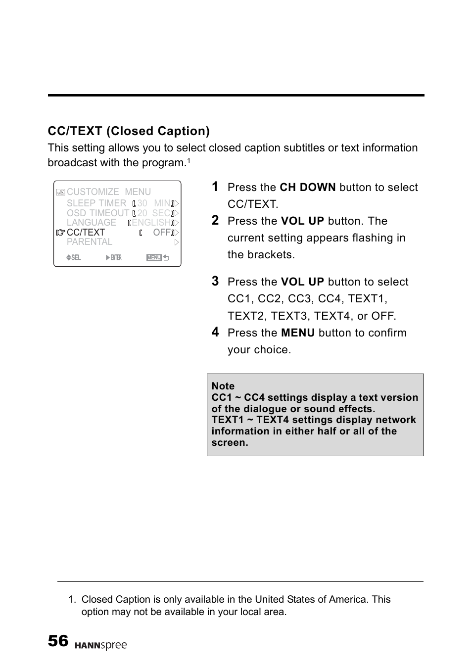 Cc/text (closed caption) | HANNspree MAK-000011 User Manual | Page 57 / 69