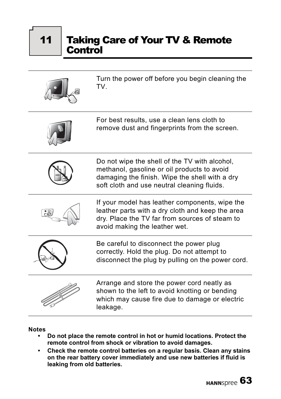 Taking care of your tv & remote control, 11 taking care of your tv & remote control | HANNspree MAK-000011 User Manual | Page 64 / 69