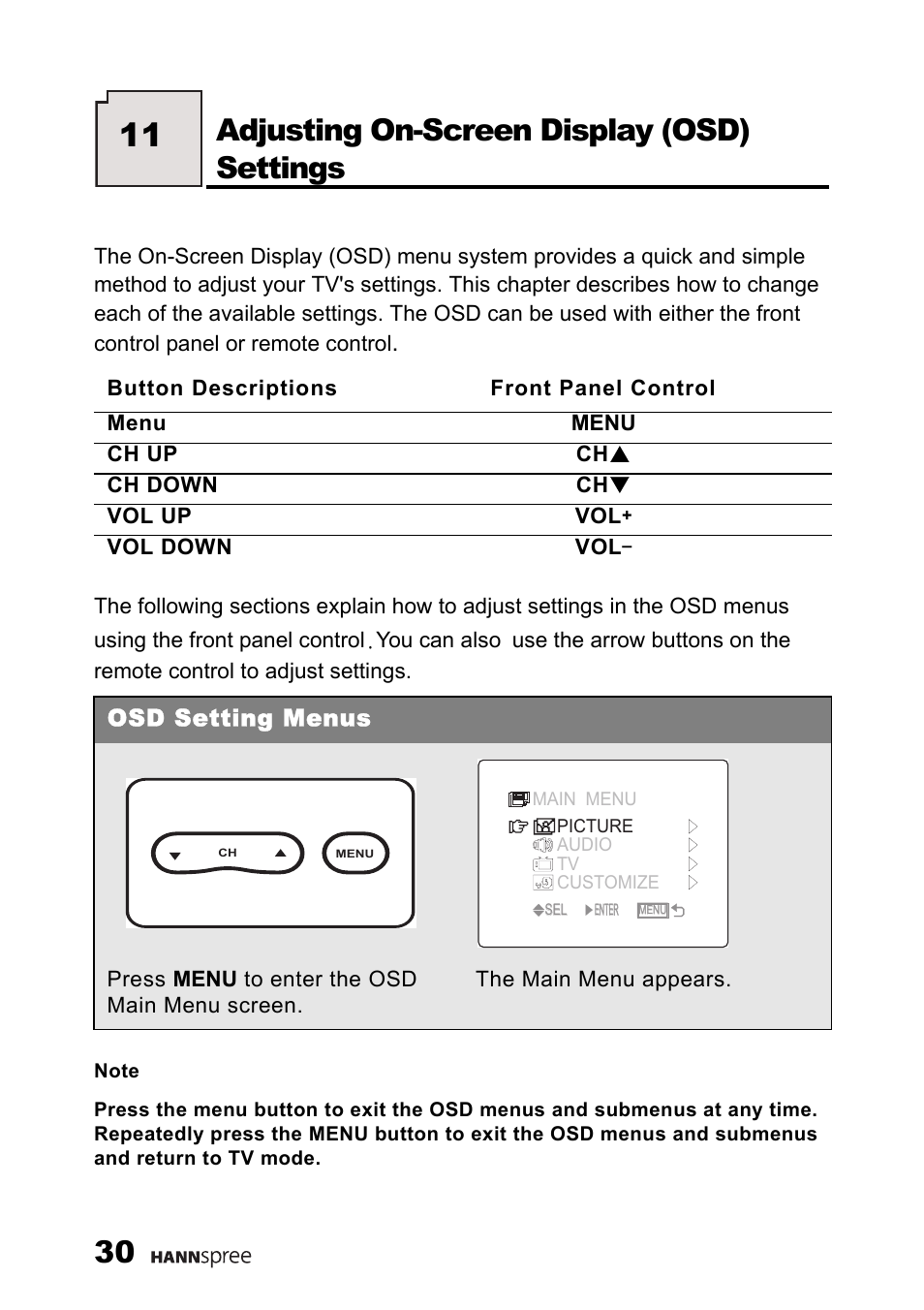Adjusting on-screen display (osd) settings, Osd setting menus | HANNspree ST40-12A1 User Manual | Page 31 / 56