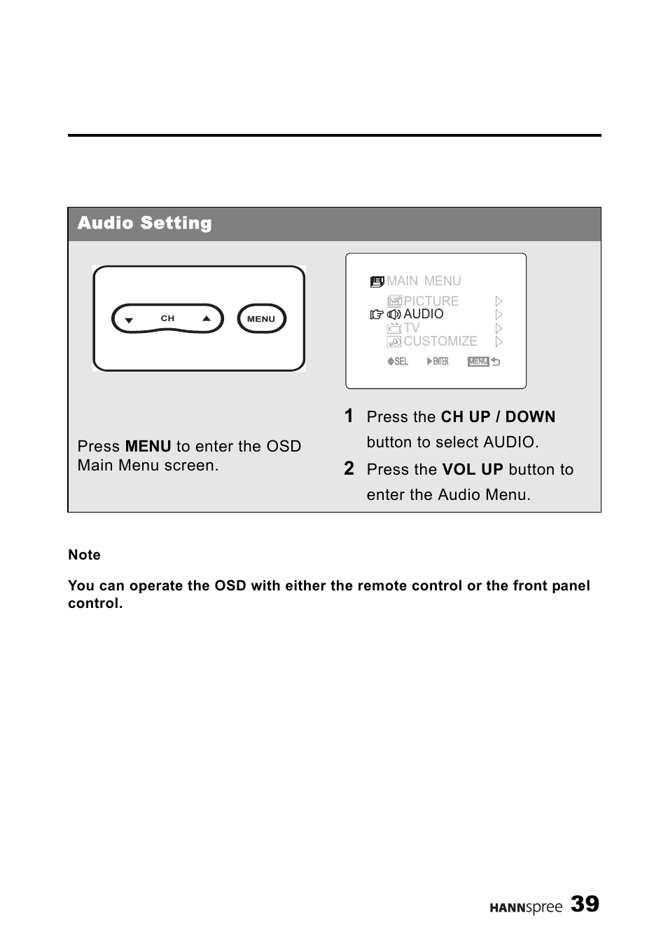 Audio setting, Press menu to enter the osd main menu screen, Press the ch up / down button to select audio | Press the vol up button to enter the audio menu | HANNspree ST40-12A1 User Manual | Page 40 / 56