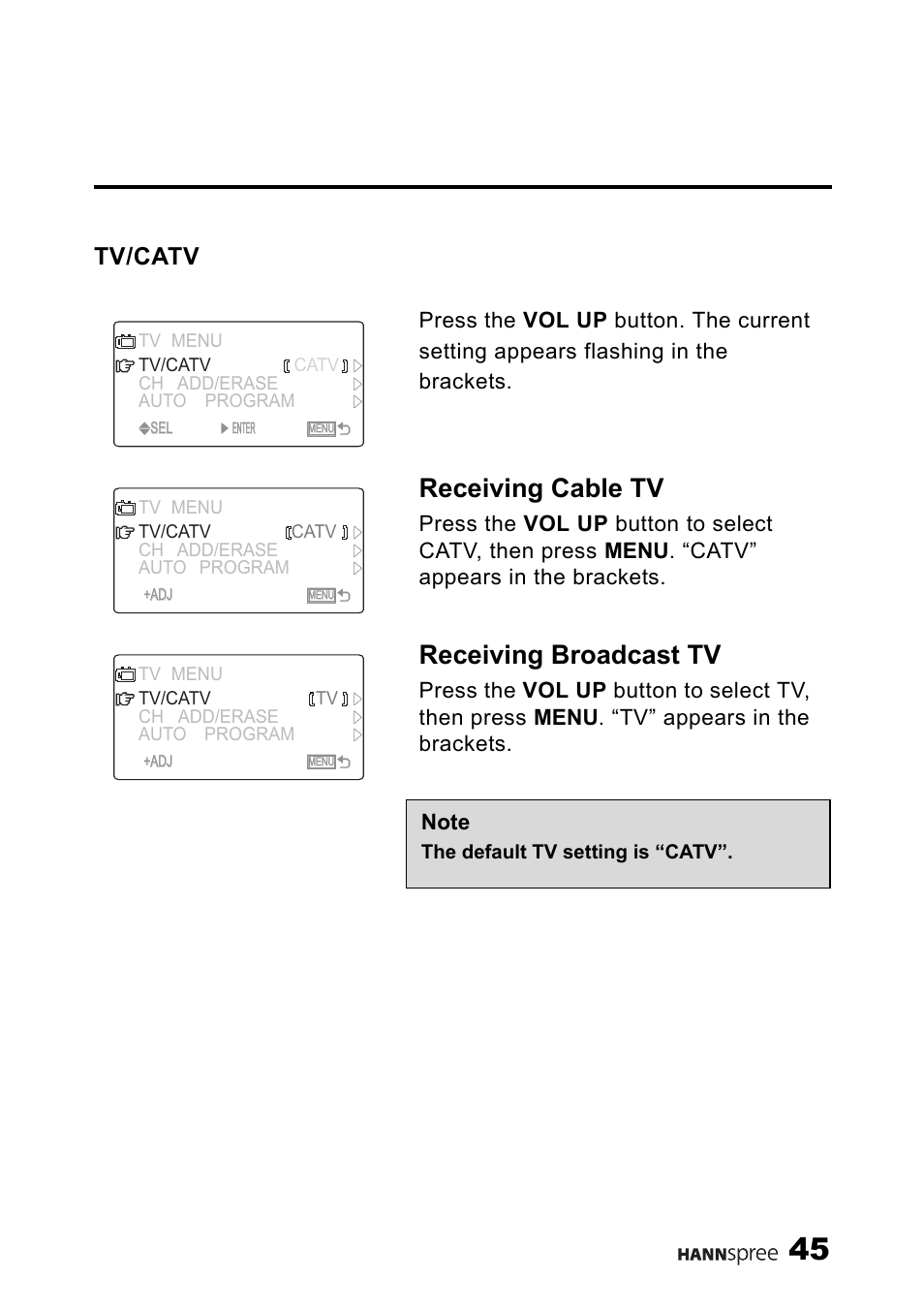 Tv/catv, Receiving cable tv, Receiving broadcast tv | HANNspree ST40-12A1 User Manual | Page 46 / 56