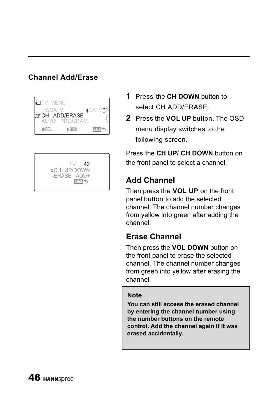 Channel add/erase, Add channel, Erase channel | HANNspree ST40-12A1 User Manual | Page 47 / 56
