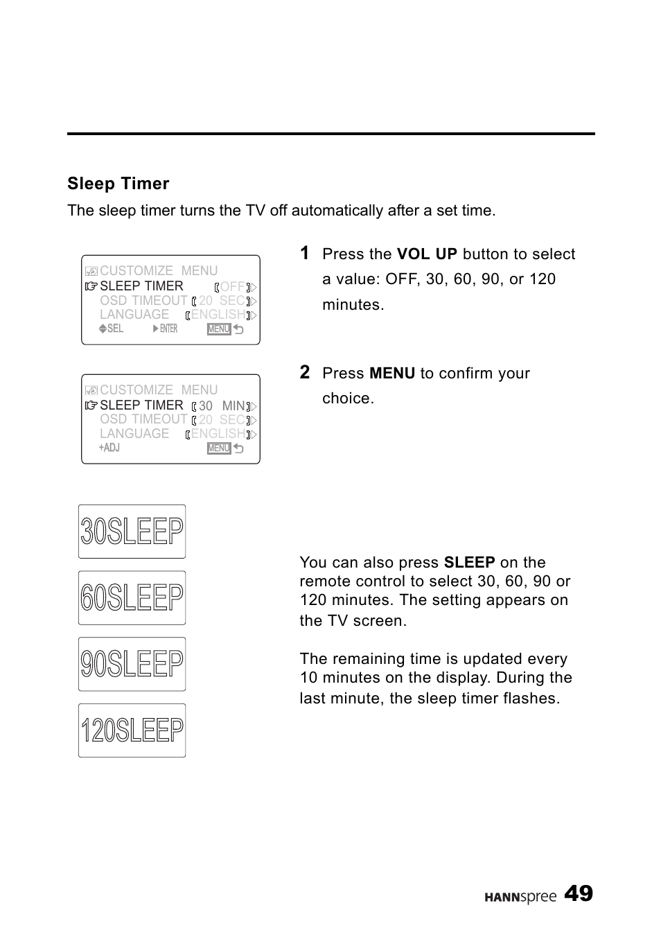 Sleep timer, 120sleep | HANNspree ST40-12A1 User Manual | Page 50 / 56