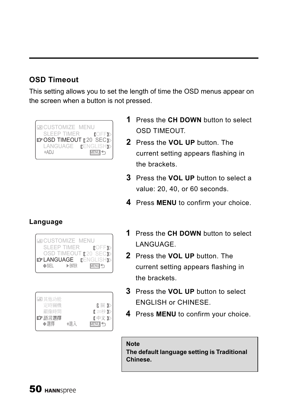 Osd timeout, Language, Osd timeout language | HANNspree ST40-12A1 User Manual | Page 51 / 56