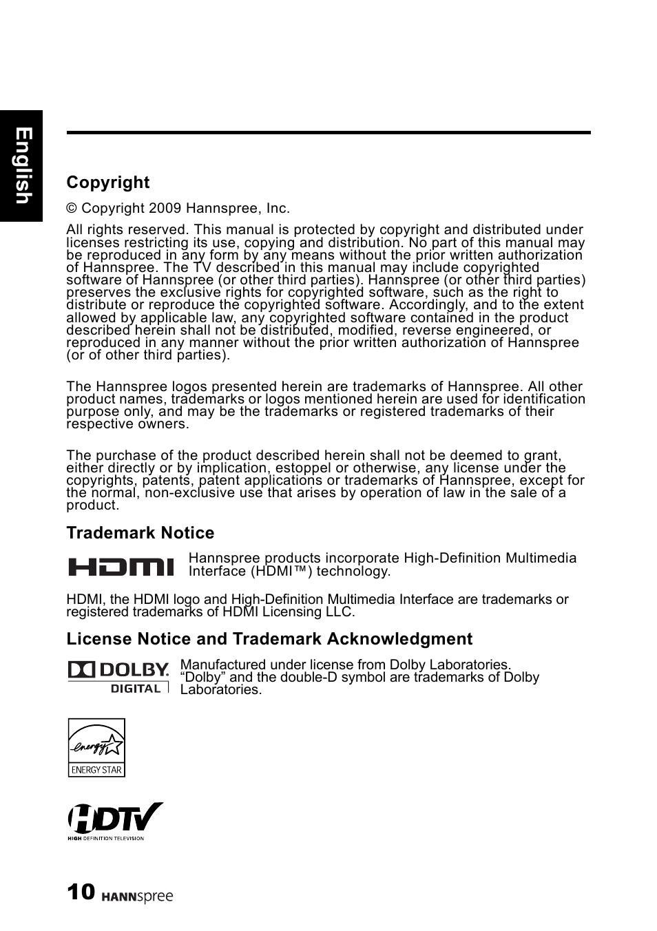 10 engli sh | HANNspree 1506-060B000 User Manual | Page 11 / 51