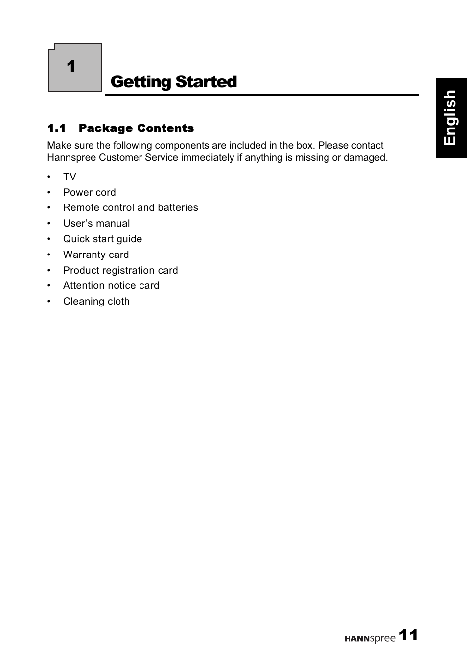 1getting started, 11 english | HANNspree 1506-060B000 User Manual | Page 12 / 51