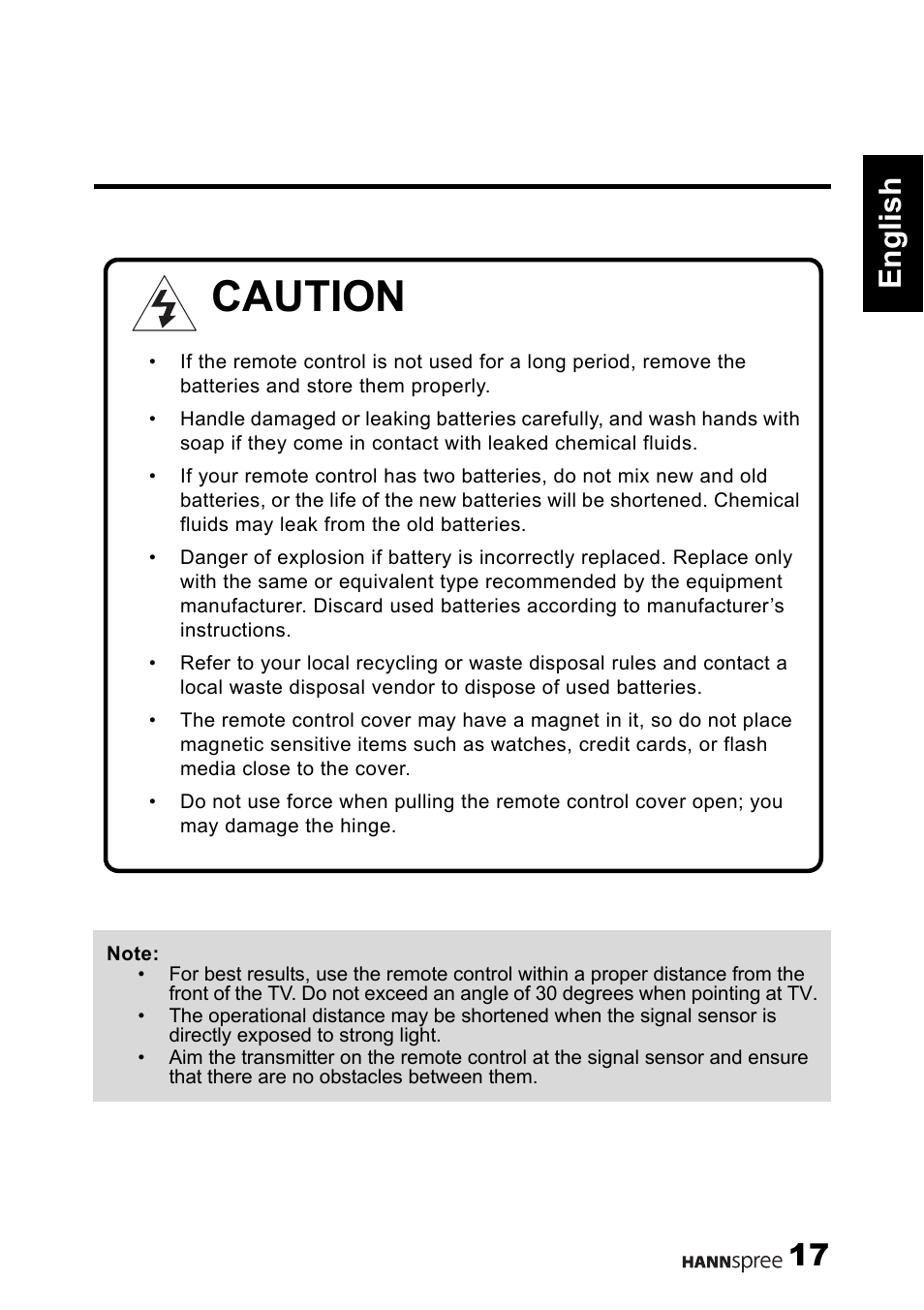 Caution, 17 english | HANNspree 1506-060B000 User Manual | Page 18 / 51