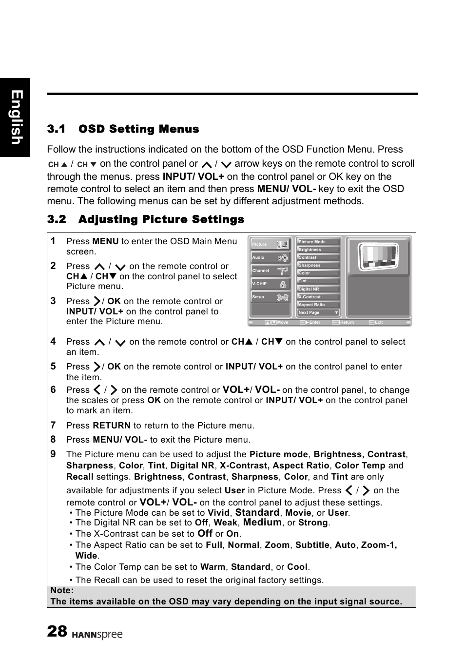 28 engli sh, 1 osd setting menus, 2 adjusting picture settings | On the control panel or, Standard, Medium | HANNspree 1506-060B000 User Manual | Page 29 / 51