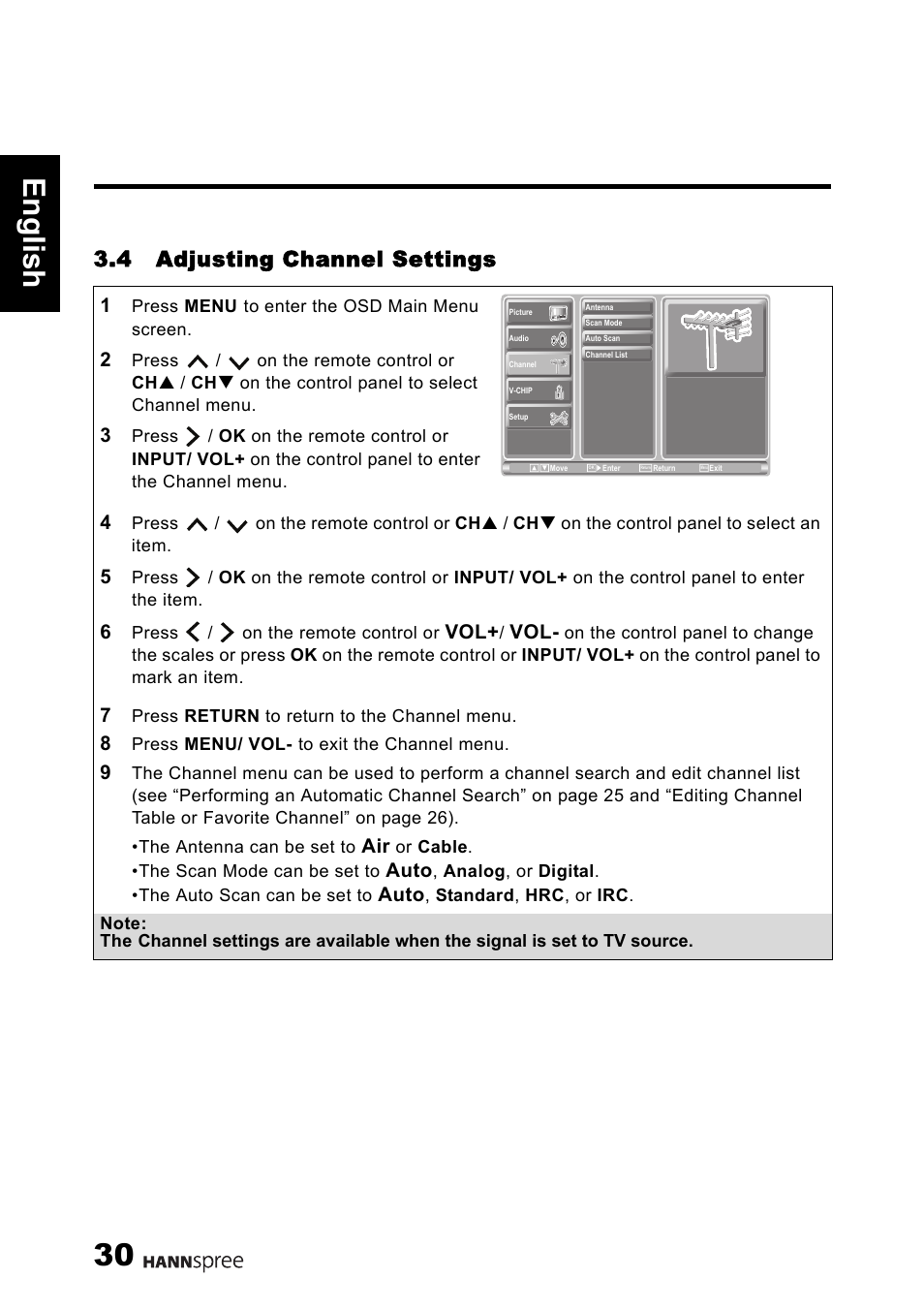 30 engli sh, 4 adjusting channel settings | HANNspree 1506-060B000 User Manual | Page 31 / 51