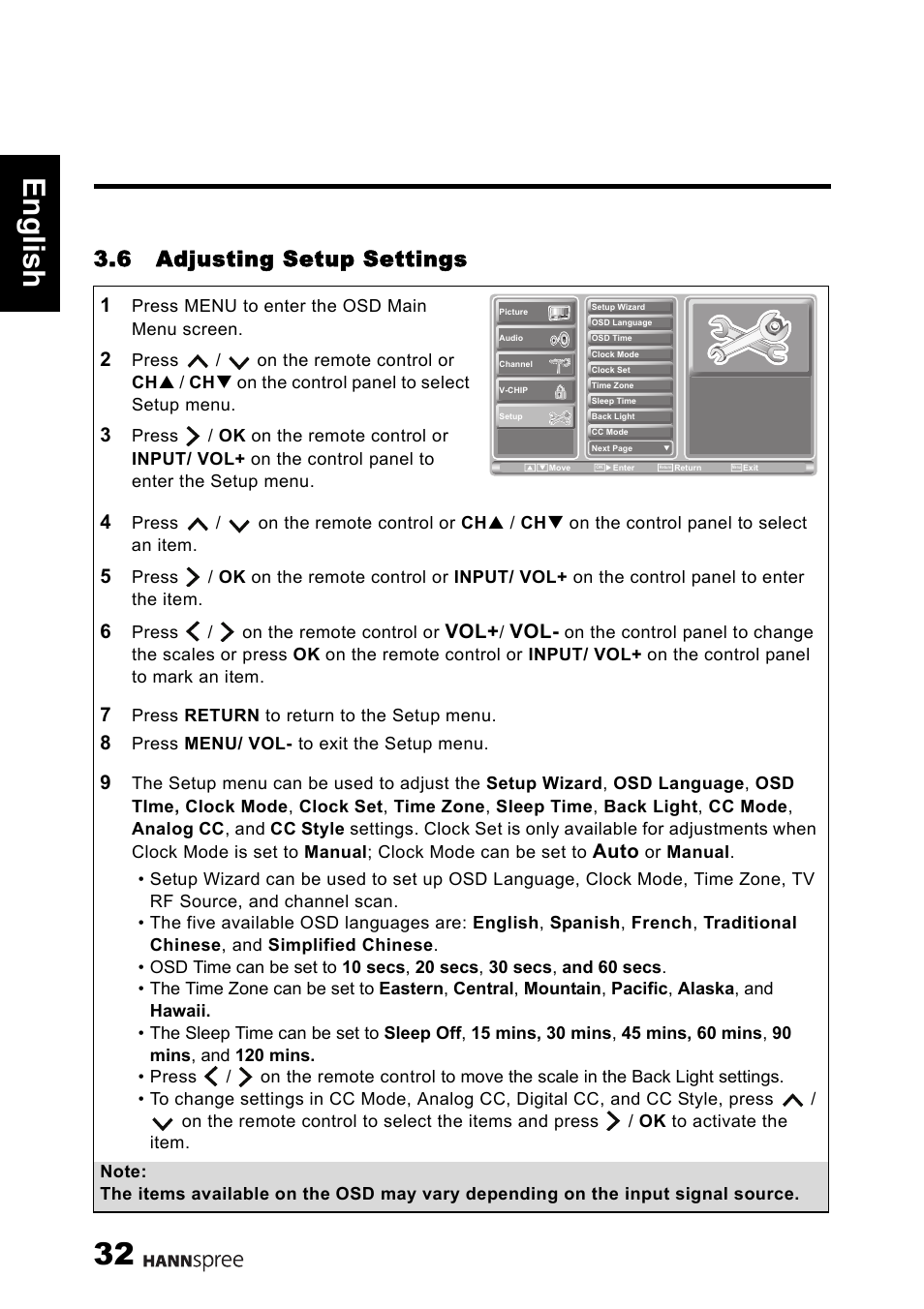 32 engli sh, 6 adjusting setup settings, Auto | HANNspree 1506-060B000 User Manual | Page 33 / 51