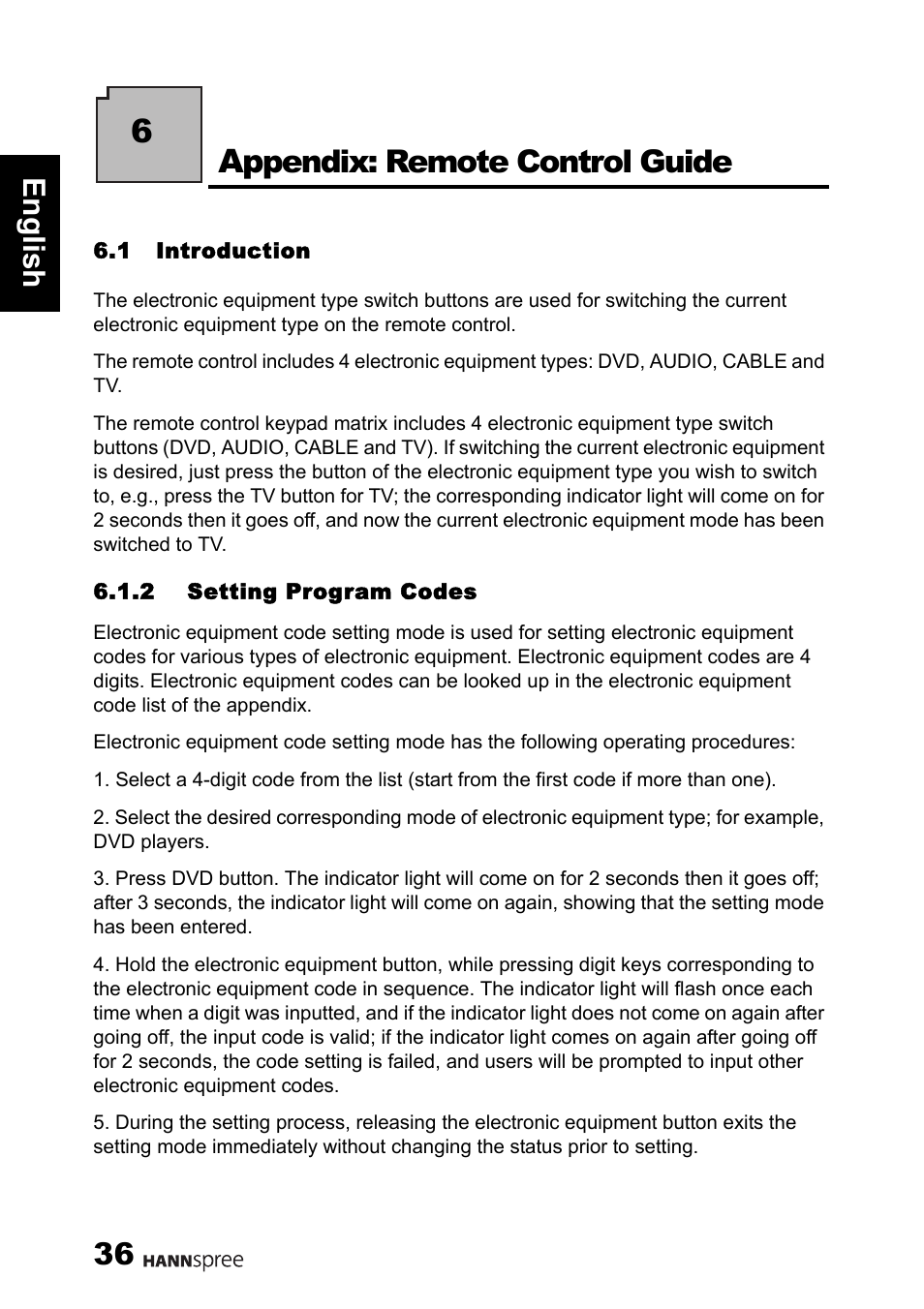 Pendix: remote control guide, 36 engli sh | HANNspree 1506-060B000 User Manual | Page 37 / 51