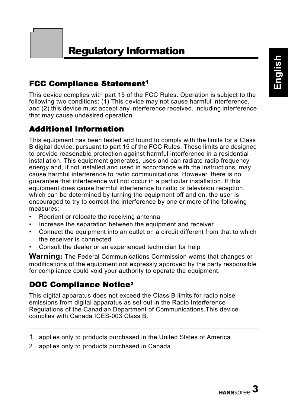 Regulatory information, 3english | HANNspree 1506-060B000 User Manual | Page 4 / 51