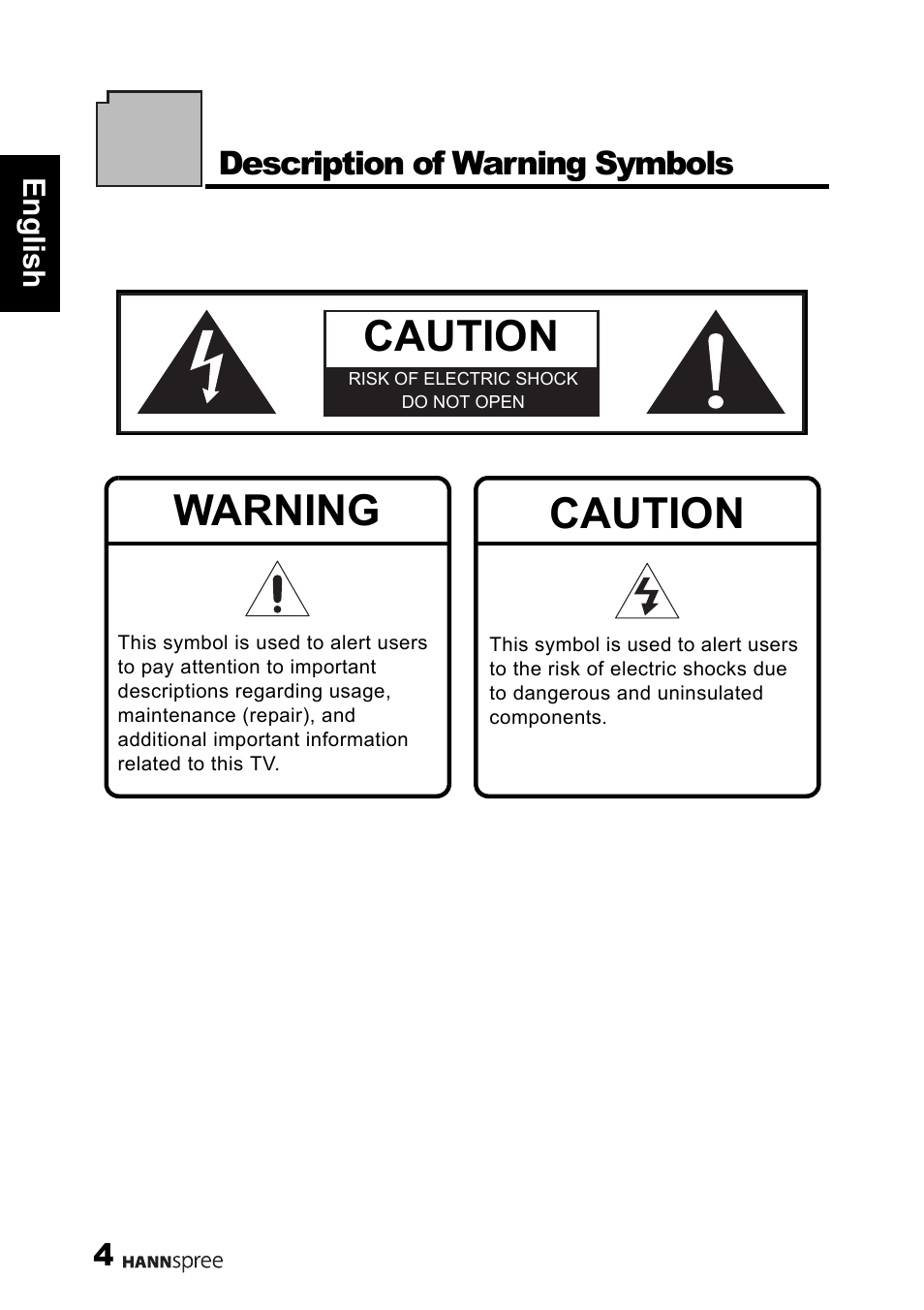 Caution, Warning | HANNspree 1506-060B000 User Manual | Page 5 / 51