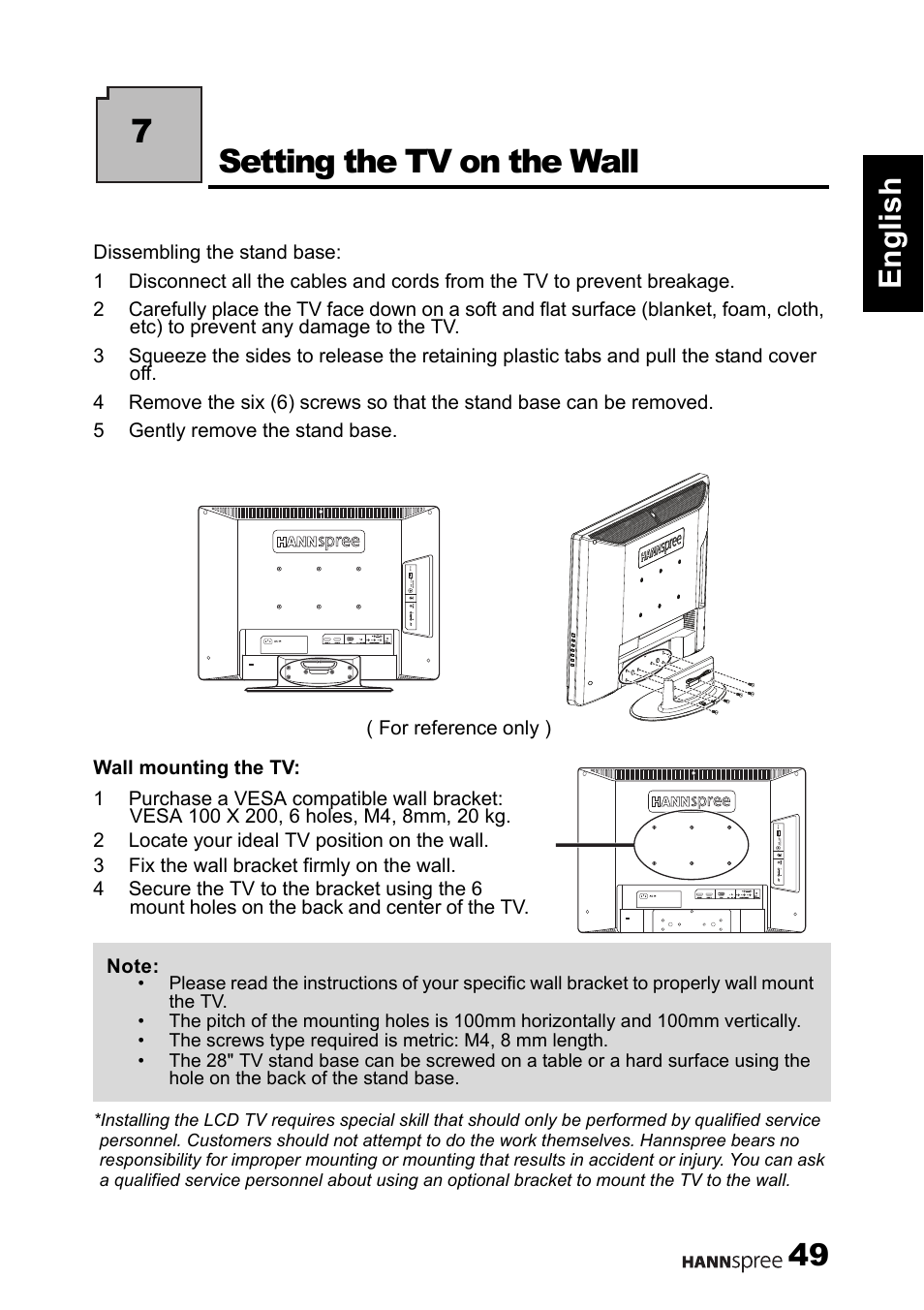 7setting the tv on the wall, 49 english | HANNspree 1506-060B000 User Manual | Page 50 / 51