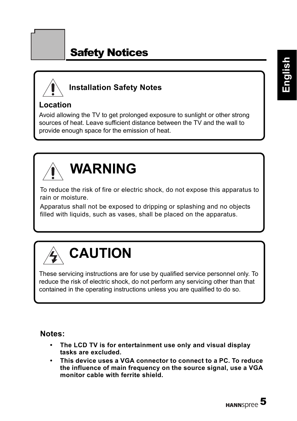 Warning, Caution, Safety notices | 5english | HANNspree 1506-060B000 User Manual | Page 6 / 51