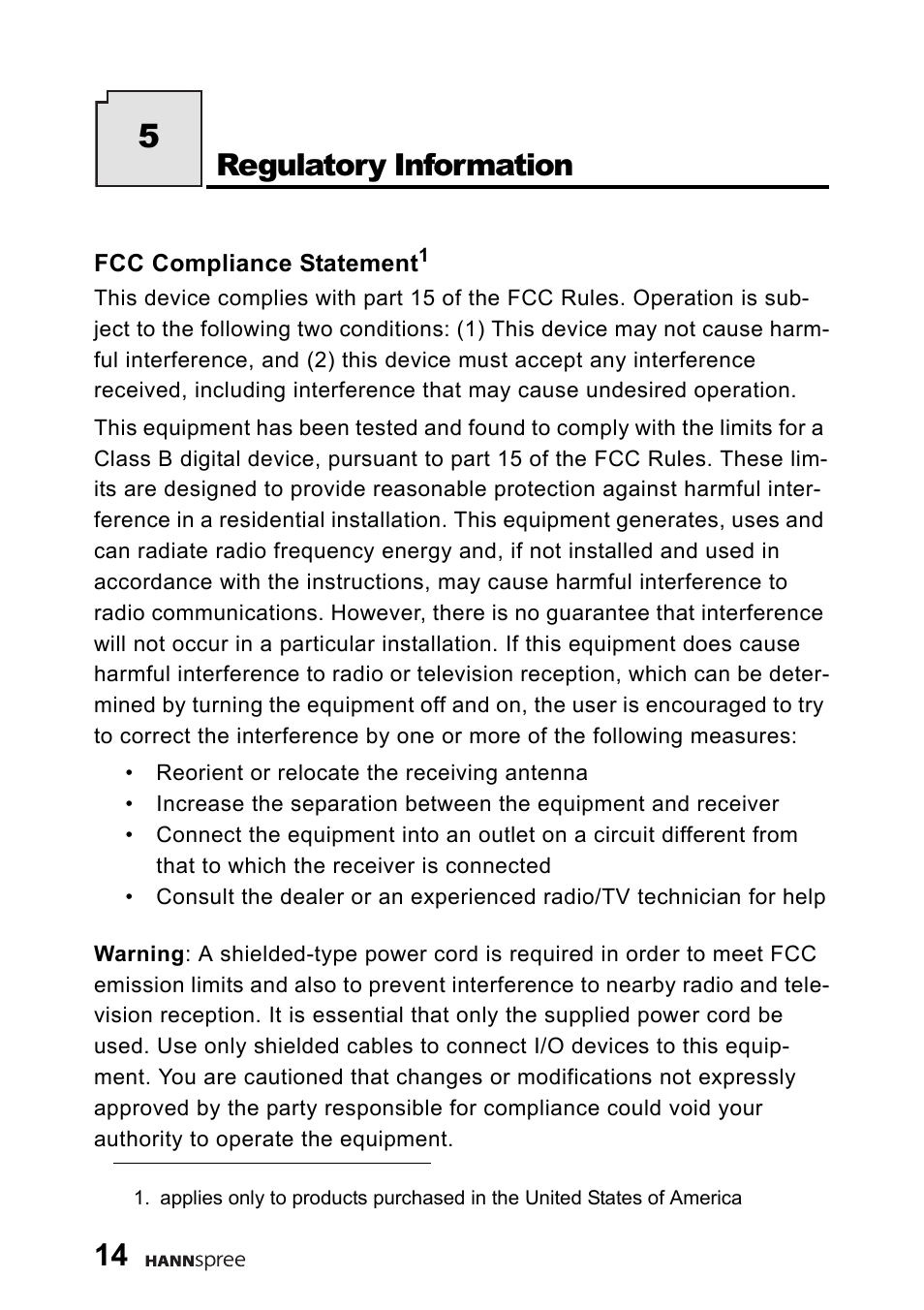 Regulatory information | HANNspree 9.6" Liquid Crystal Display LT01-10A1 User Manual | Page 15 / 59
