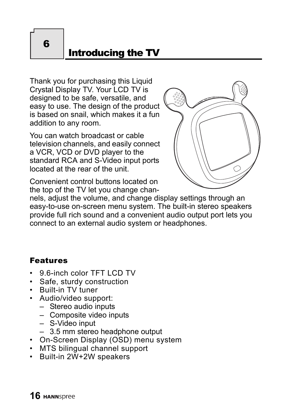 Introducing the tv, Introducing the tv 6 | HANNspree 9.6" Liquid Crystal Display LT01-10A1 User Manual | Page 17 / 59