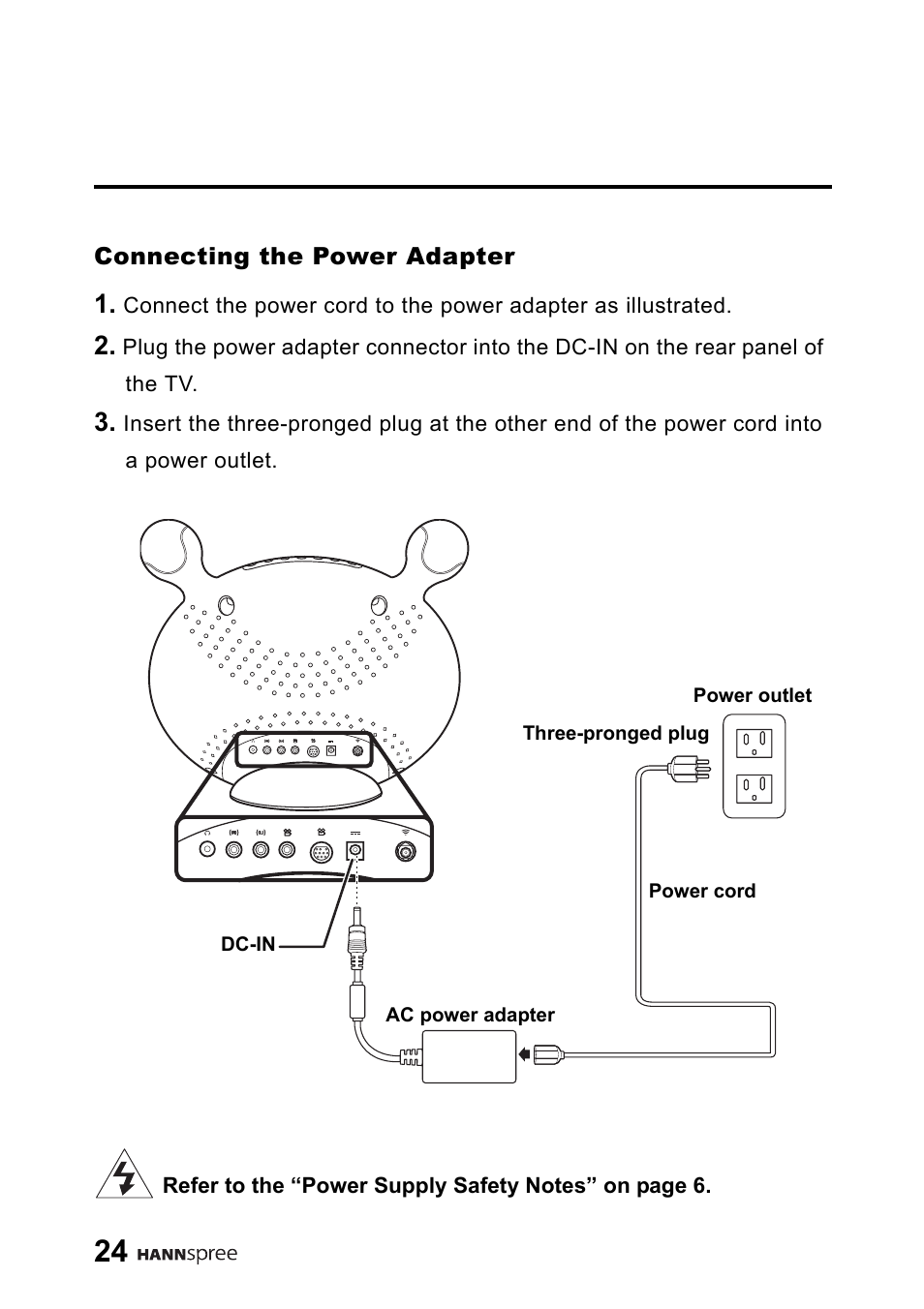 Connecting the power adapter | HANNspree 9.6" Liquid Crystal Display LT01-10A1 User Manual | Page 25 / 59