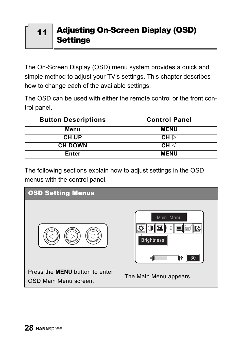 Adjusting on-screen display (osd) settings, Adjusting on-screen display (osd) settings 11 | HANNspree 9.6" Liquid Crystal Display LT01-10A1 User Manual | Page 29 / 59
