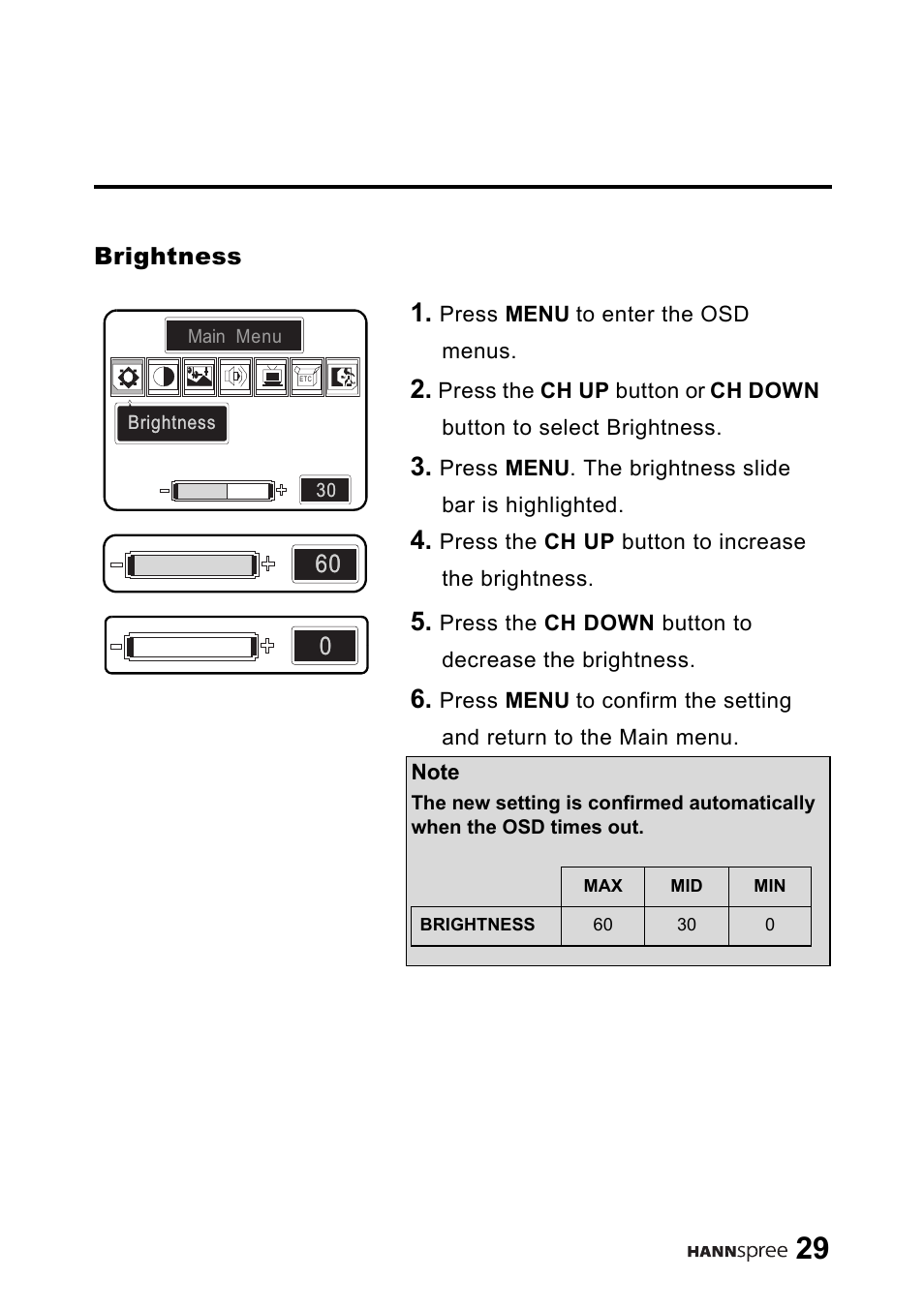 Brightness | HANNspree 9.6" Liquid Crystal Display LT01-10A1 User Manual | Page 30 / 59