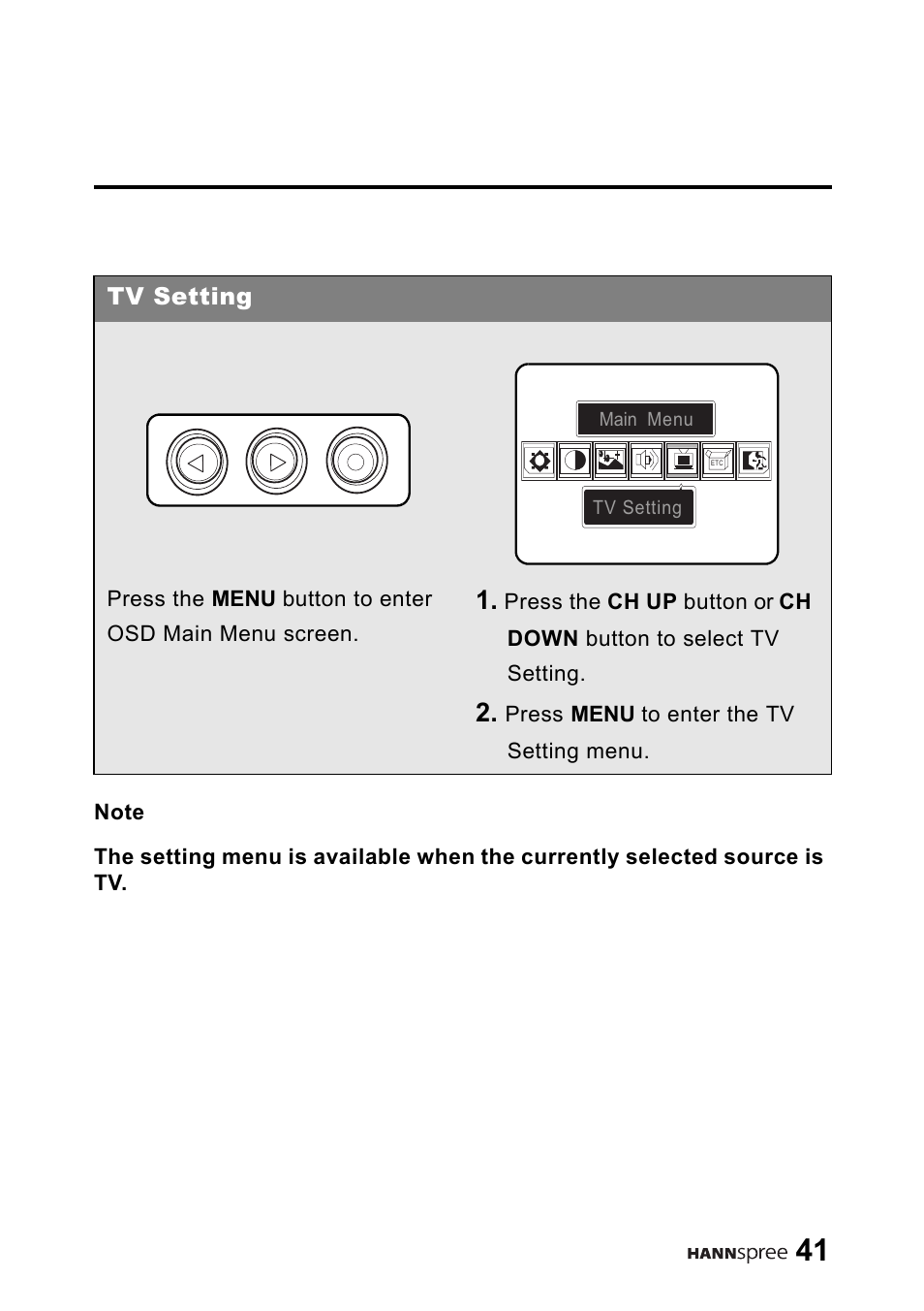 Tv setting | HANNspree 9.6" Liquid Crystal Display LT01-10A1 User Manual | Page 42 / 59