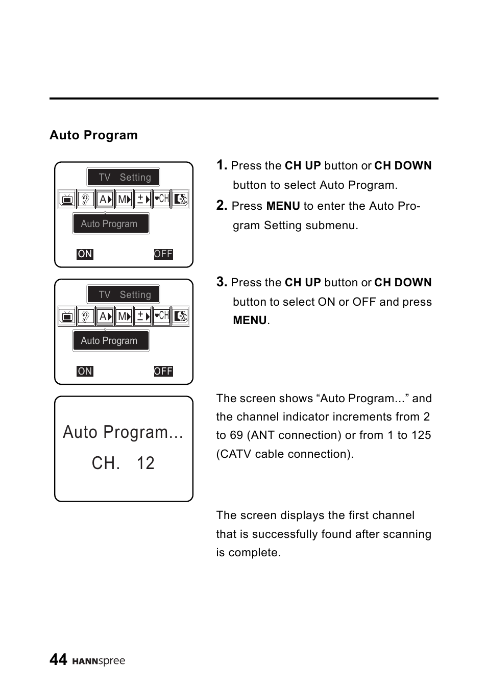 Auto program, Auto program... ch. 12 | HANNspree 9.6" Liquid Crystal Display LT01-10A1 User Manual | Page 45 / 59