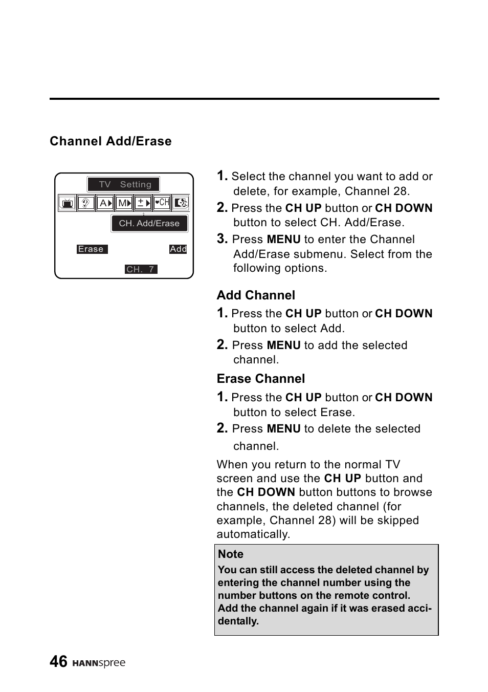 Channel add/erase | HANNspree 9.6" Liquid Crystal Display LT01-10A1 User Manual | Page 47 / 59