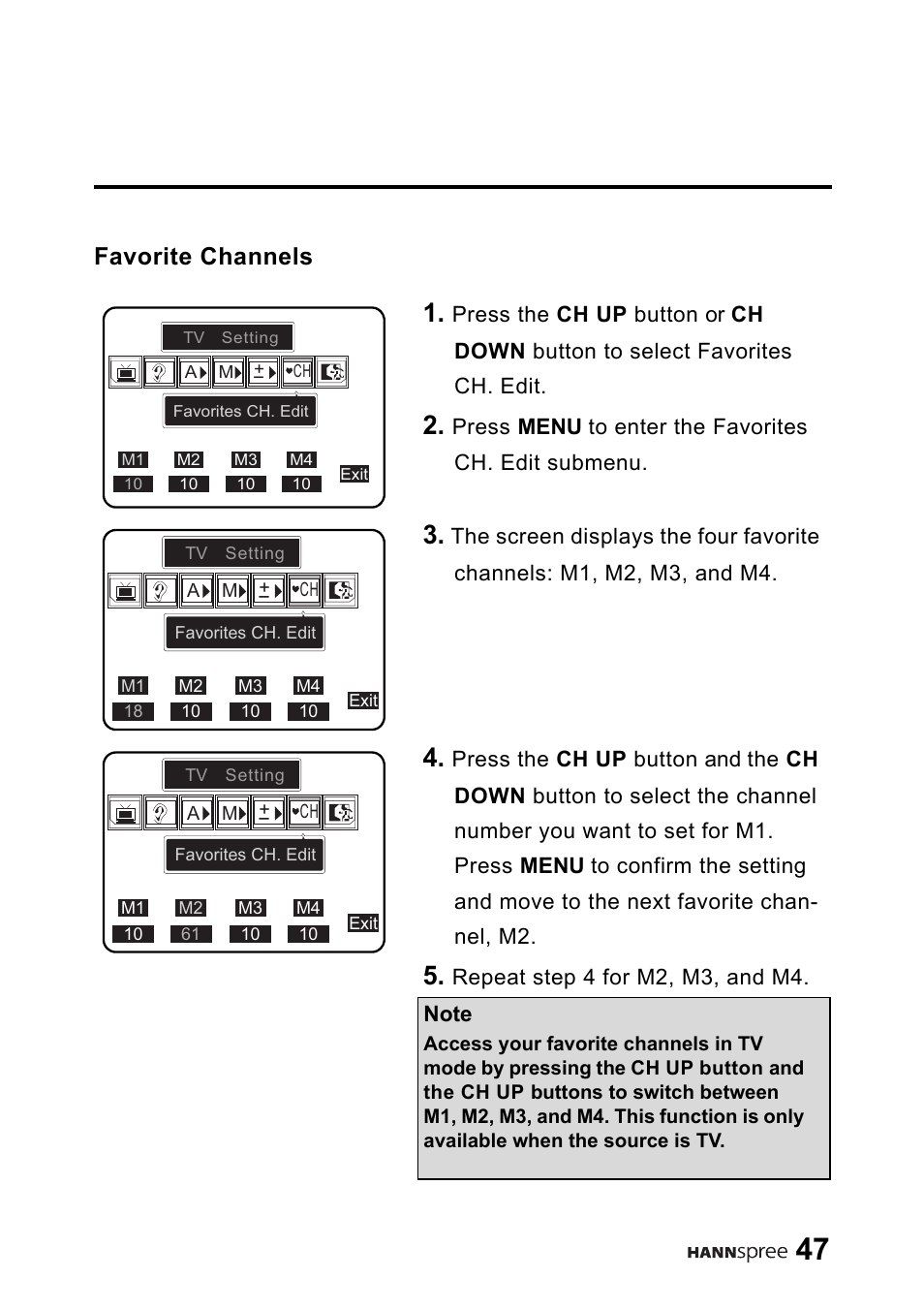 Favorite channels | HANNspree 9.6" Liquid Crystal Display LT01-10A1 User Manual | Page 48 / 59