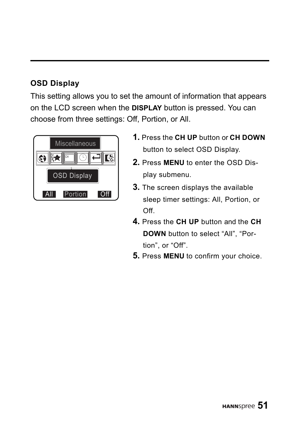 Osd display | HANNspree 9.6" Liquid Crystal Display LT01-10A1 User Manual | Page 52 / 59