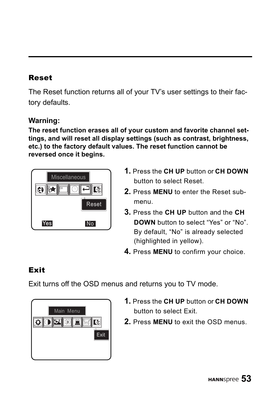 Reset, Exit, Reset exit | HANNspree 9.6" Liquid Crystal Display LT01-10A1 User Manual | Page 54 / 59