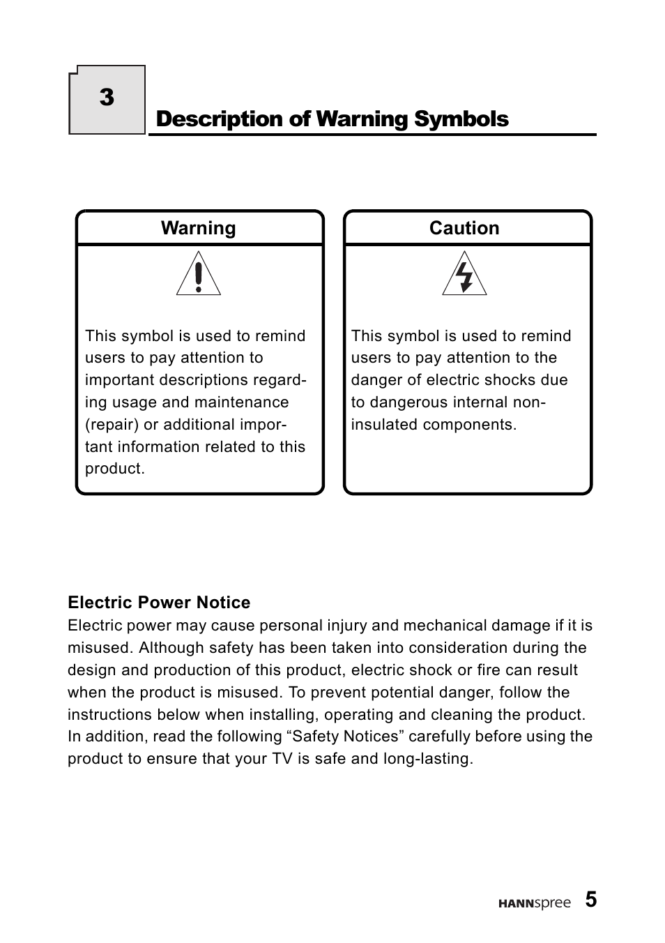 Description of warning symbols | HANNspree 9.6" Liquid Crystal Display LT01-10A1 User Manual | Page 6 / 59
