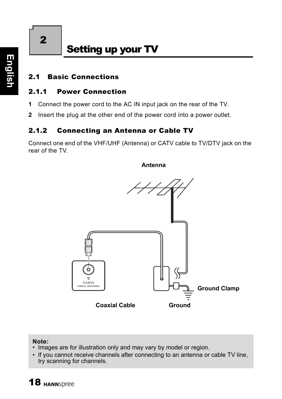 2setting up your tv, 18 engli sh | HANNspree 1506-0B86000 User Manual | Page 19 / 41