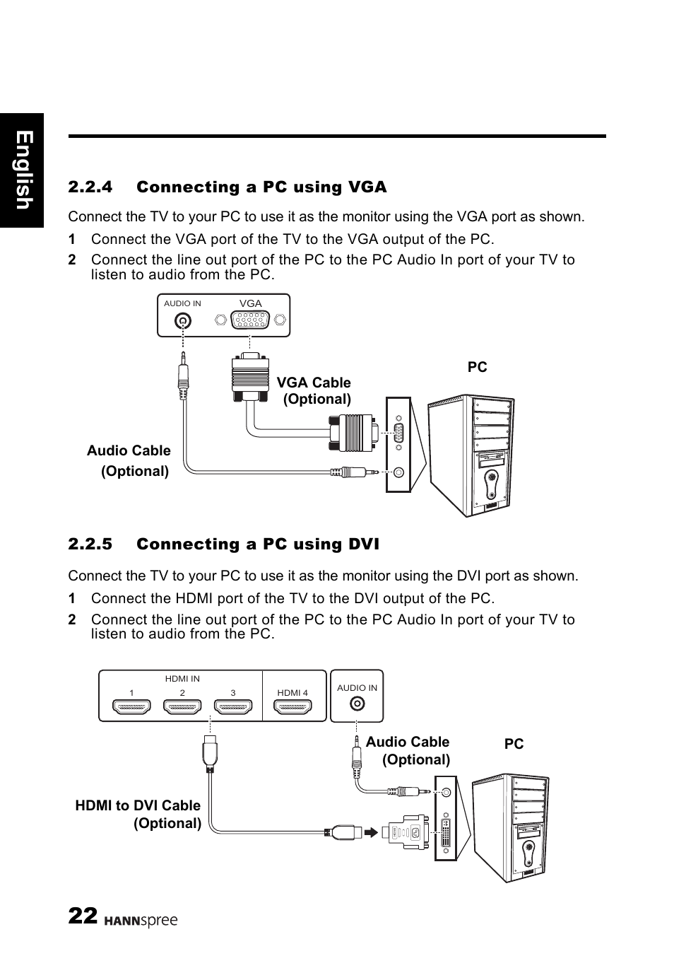 22 engli sh, 4 connecting a pc using vga, 5 connecting a pc using dvi | HANNspree 1506-0B86000 User Manual | Page 23 / 41