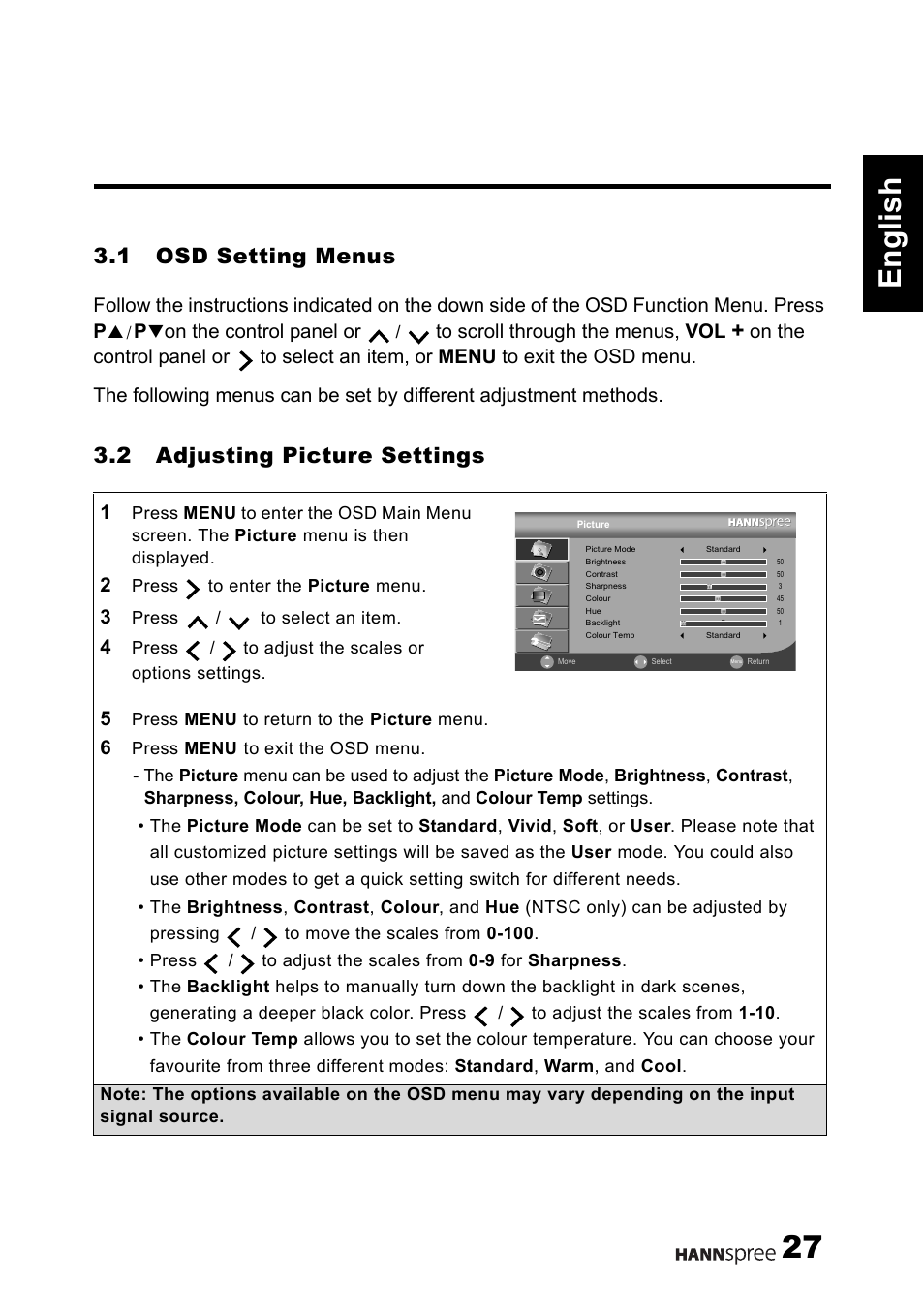 27 english, 1 osd setting menus, 2 adjusting picture settings | On the control panel or | HANNspree 1506-0B86000 User Manual | Page 28 / 41