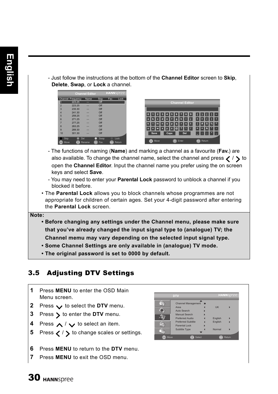 30 engli sh, 5 adjusting dtv settings, Press menu | Press to select the dtv menu, Press to enter the dtv menu, Press / to select an item, Press / to change scales or settings, Press menu to return to the dtv menu | HANNspree 1506-0B86000 User Manual | Page 31 / 41