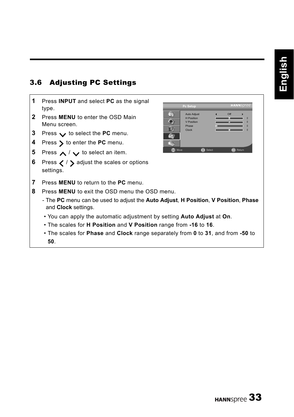 33 english, 6 adjusting pc settings | HANNspree 1506-0B86000 User Manual | Page 34 / 41