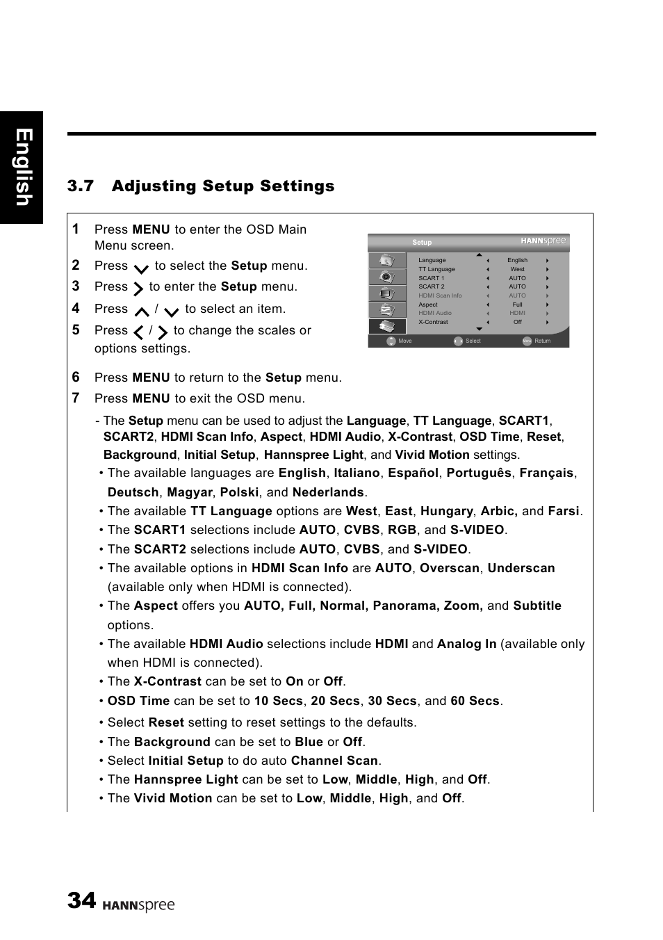 34 engli sh, 7 adjusting setup settings | HANNspree 1506-0B86000 User Manual | Page 35 / 41