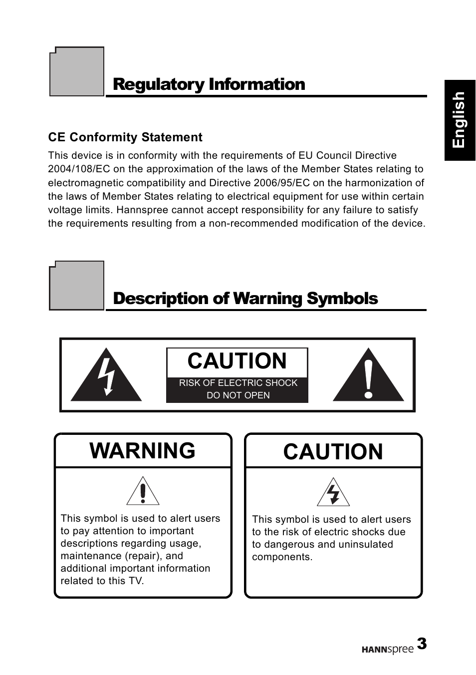 Caution, Warning, Regulatory information | Description of warning symbols | HANNspree 1506-0B86000 User Manual | Page 4 / 41