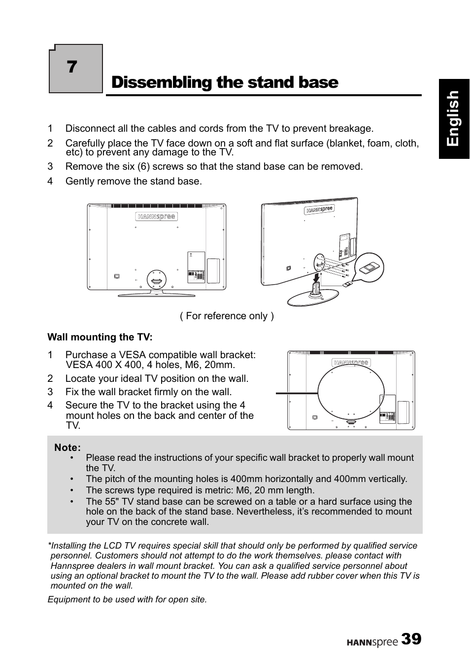 7dissembling the stand base, 39 english | HANNspree 1506-0B86000 User Manual | Page 40 / 41