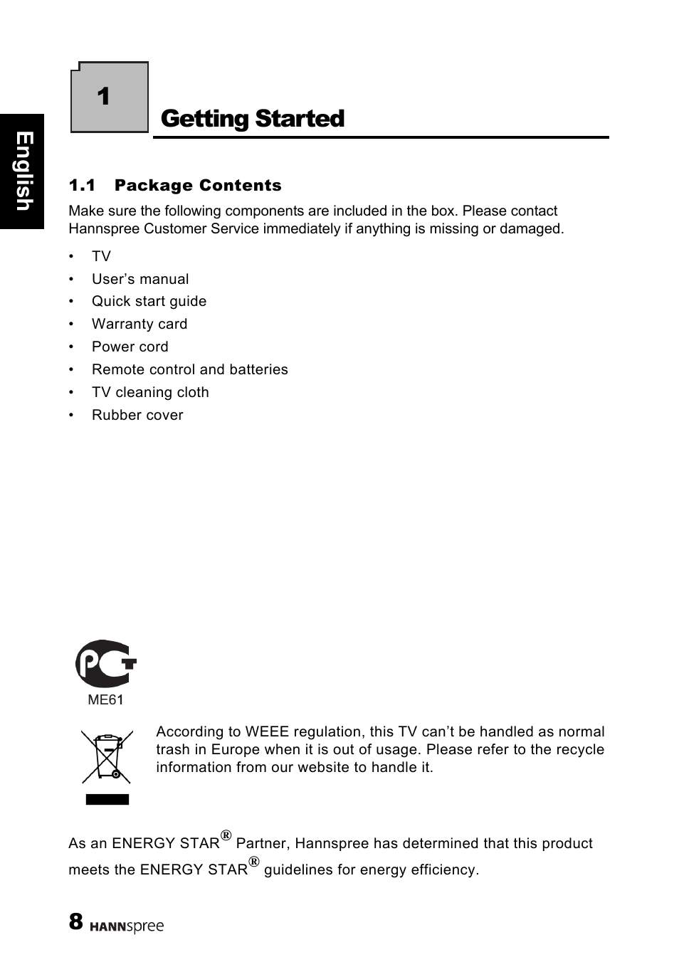 1getting started, 8engli sh | HANNspree 1506-0B86000 User Manual | Page 9 / 41