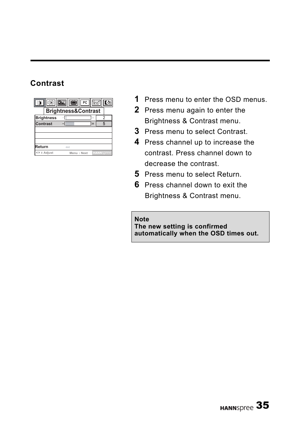 Contrast | HANNspree 15" Liquid Crystal Display Television User Manual | Page 36 / 85