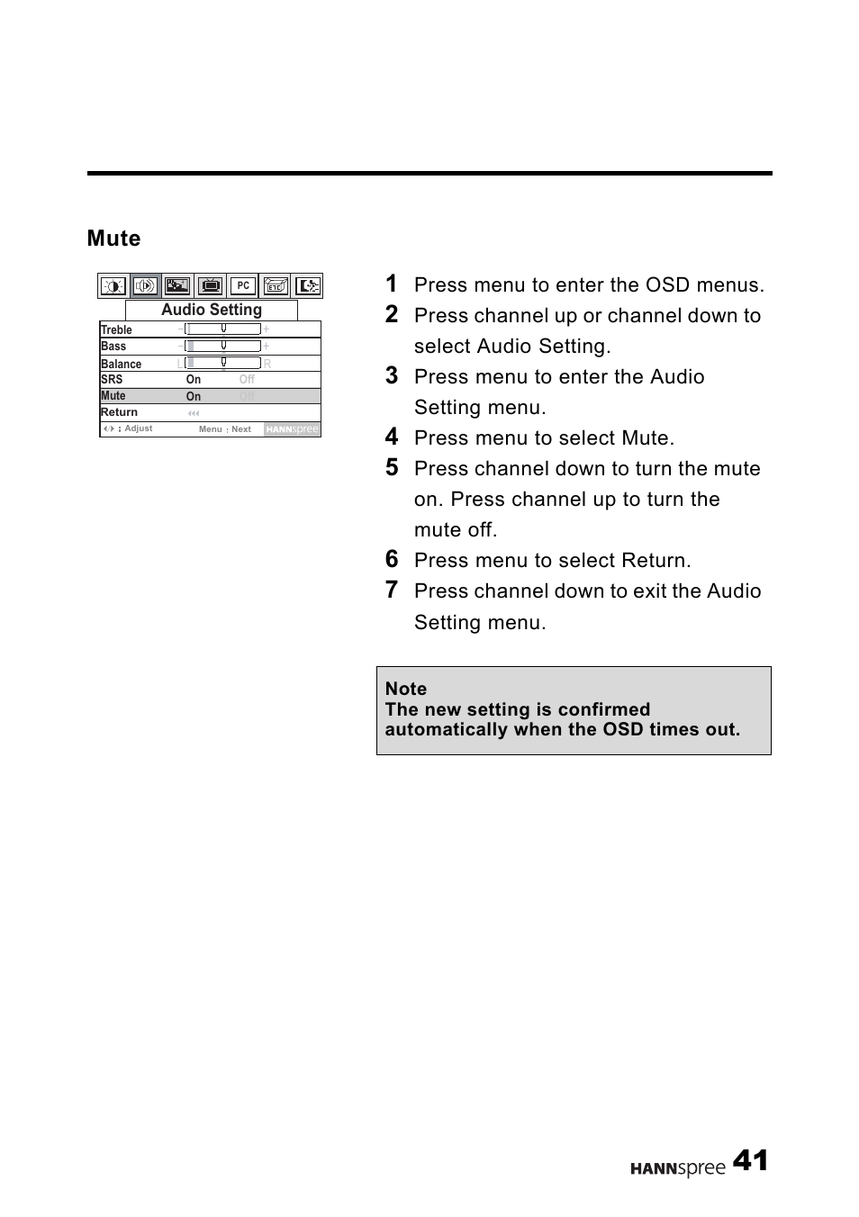 Mute | HANNspree 15" Liquid Crystal Display Television User Manual | Page 42 / 85