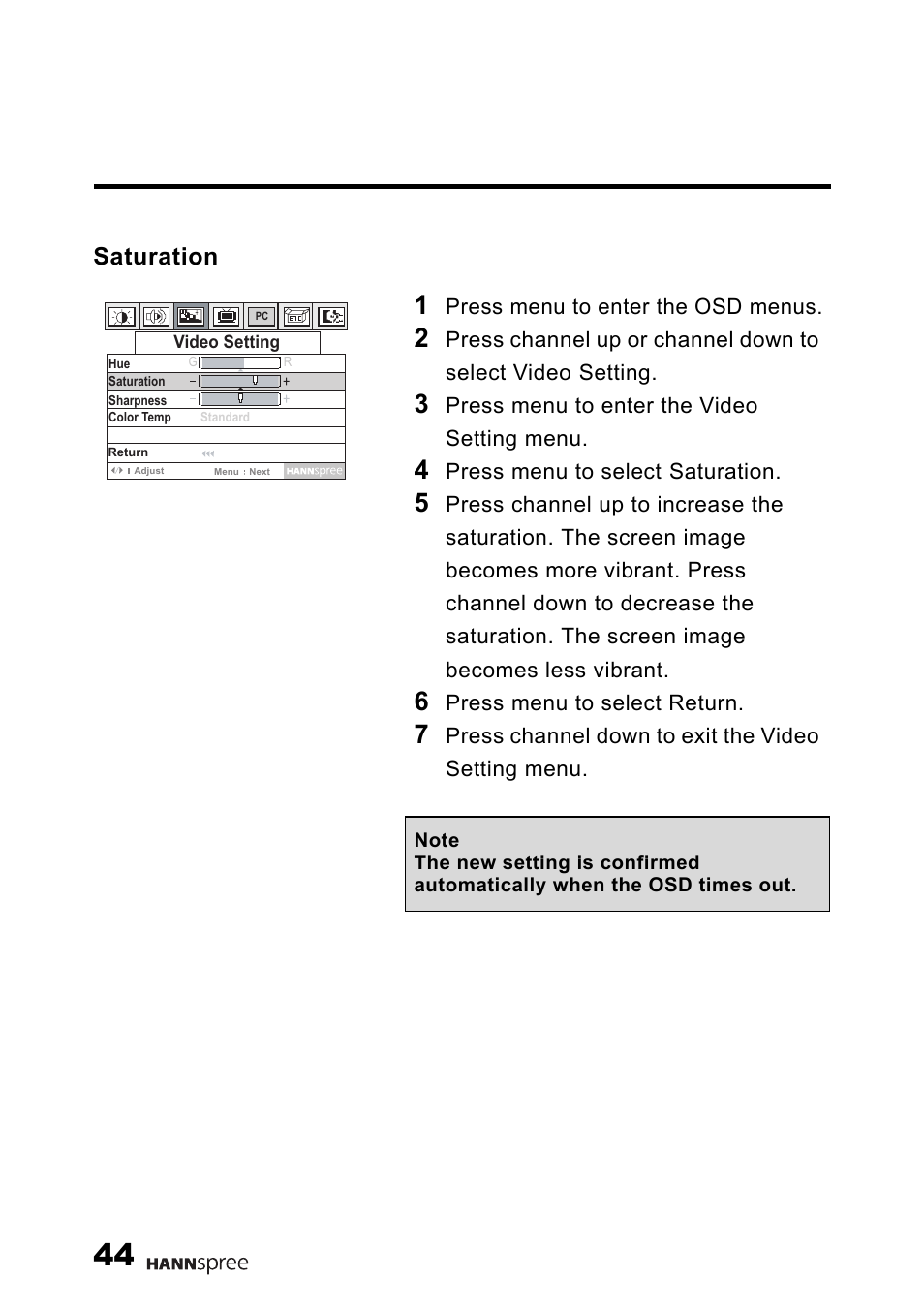 Saturation | HANNspree 15" Liquid Crystal Display Television User Manual | Page 45 / 85