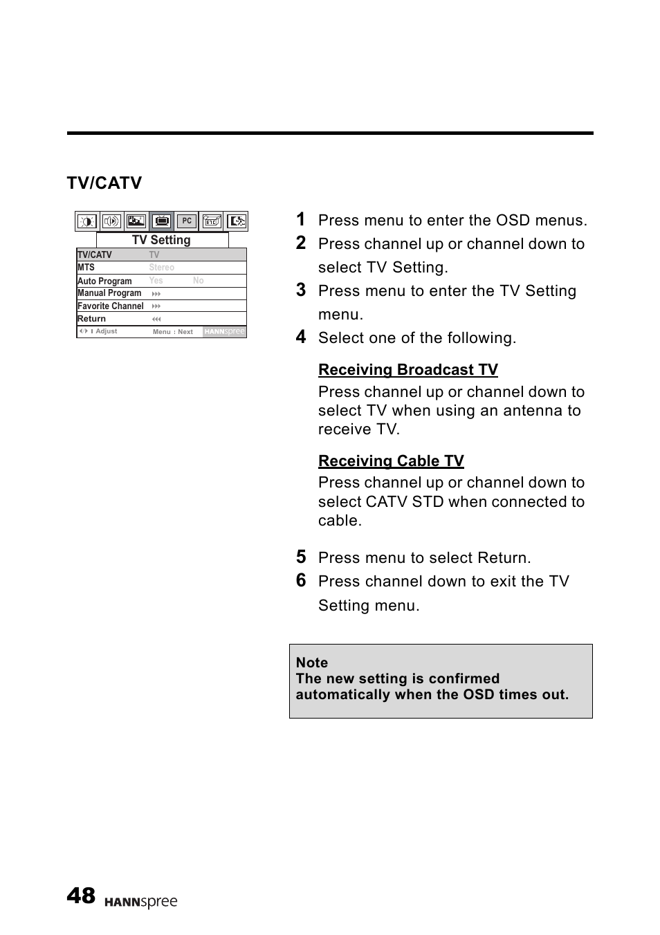 Tv/catv | HANNspree 15" Liquid Crystal Display Television User Manual | Page 49 / 85