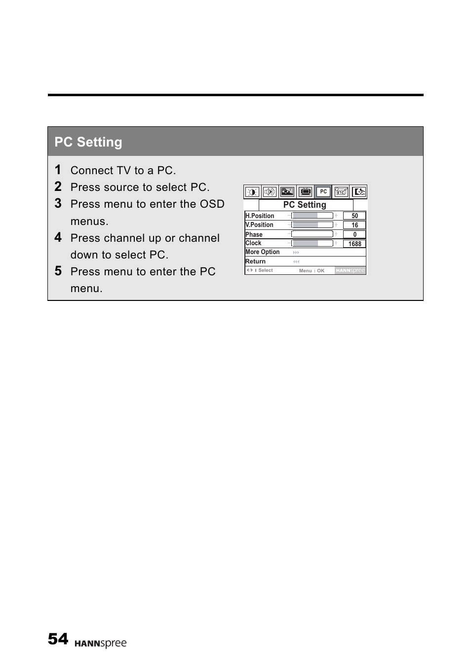 Pc setting, Pc setting 1 | HANNspree 15" Liquid Crystal Display Television User Manual | Page 55 / 85