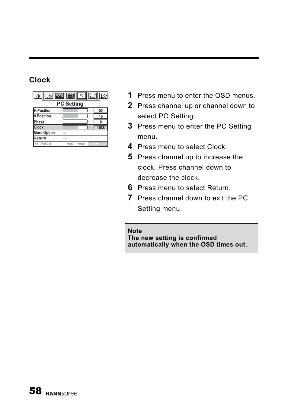 Clock | HANNspree 15" Liquid Crystal Display Television User Manual | Page 59 / 85