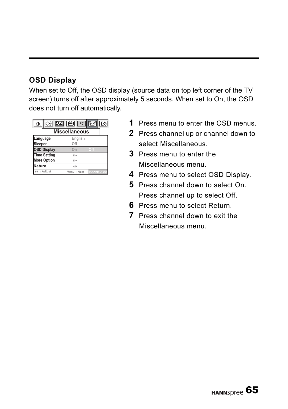 Osd display | HANNspree 15" Liquid Crystal Display Television User Manual | Page 66 / 85