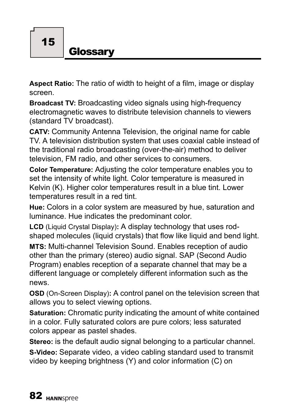 Glossary, 15 glossary | HANNspree 15" Liquid Crystal Display Television User Manual | Page 83 / 85