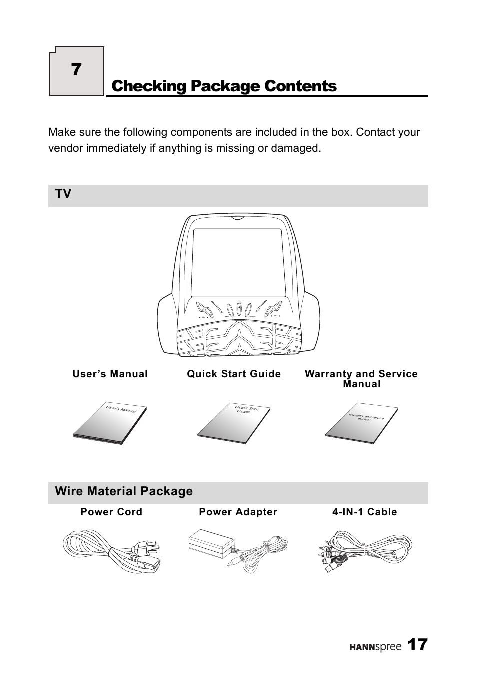 Checking package contents, Wire material package, Power cord power adapter 4-in-1 cable | HANNspree 9.6" LIQUID CRYSTAL ST54-10A1 User Manual | Page 18 / 56
