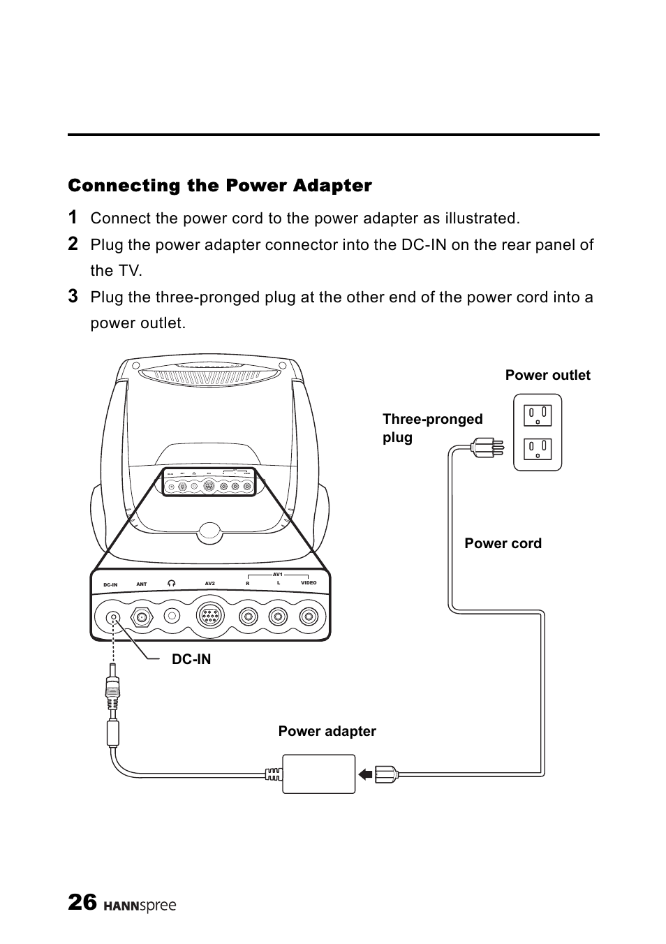 Connecting the power adapter | HANNspree 9.6" LIQUID CRYSTAL ST54-10A1 User Manual | Page 27 / 56
